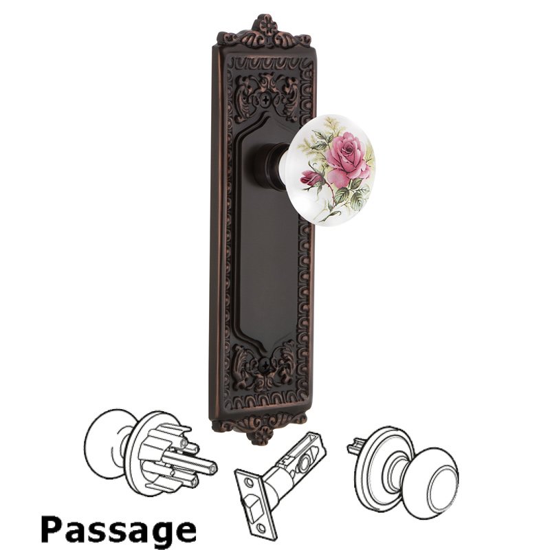 Complete Passage Set - Egg & Dart Plate with White Rose Porcelain Door Knob in Timeless Bronze