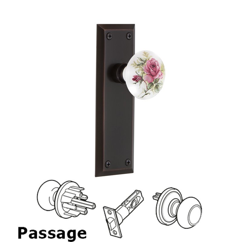 Complete Passage Set - New York Plate with White Rose Porcelain Door Knob in Timeless Bronze