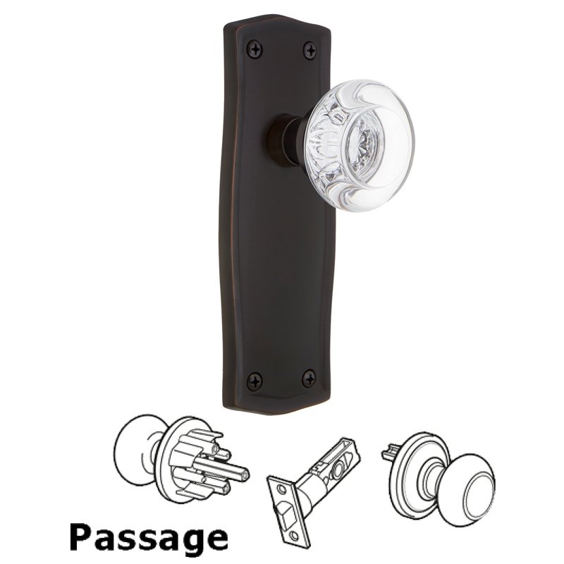Complete Passage Set - Prairie Plate with Round Clear Crystal Glass Door Knob in Timeless Bronze