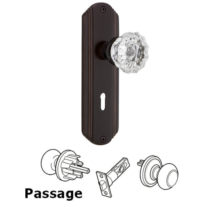 Complete Passage Set with Keyhole - Deco Plate with Crystal Glass Door Knob in Timeless Bronze