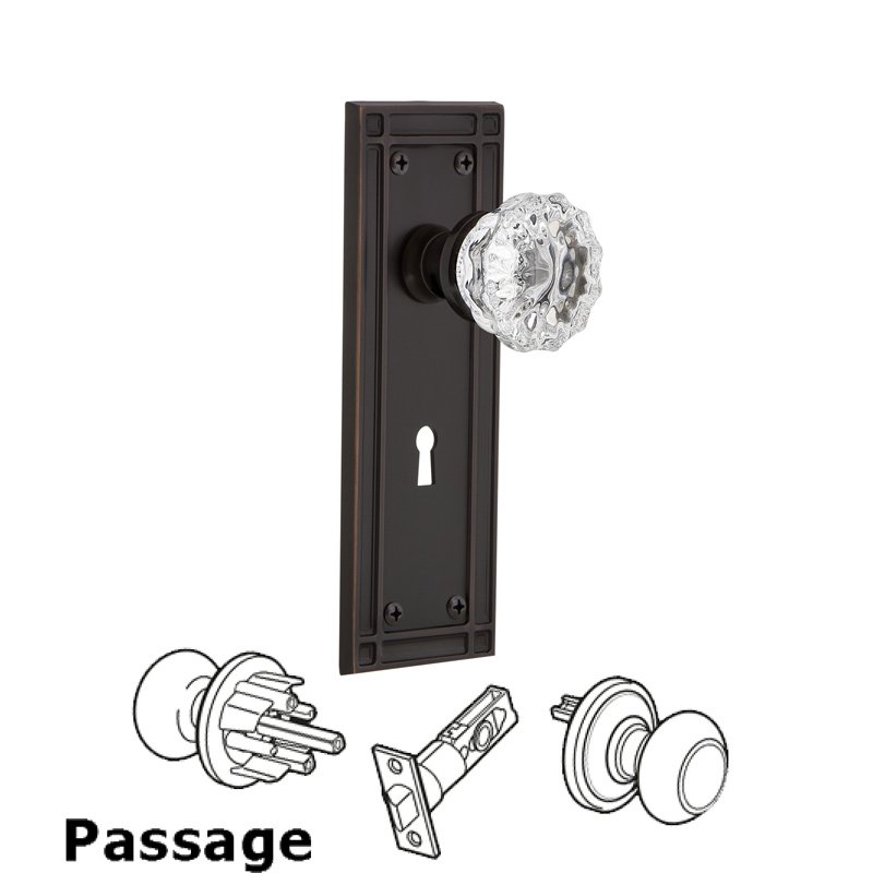 Complete Passage Set with Keyhole - Mission Plate with Crystal Glass Door Knob in Timeless Bronze