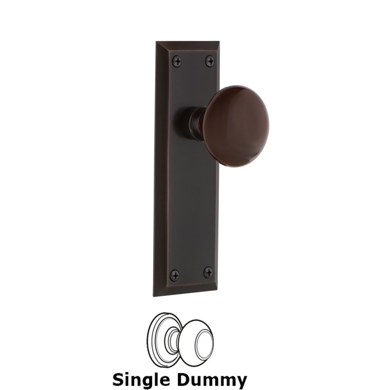 Single Dummy - New York Plate with Brown Porcelain Door Knob in Timeless Bronze