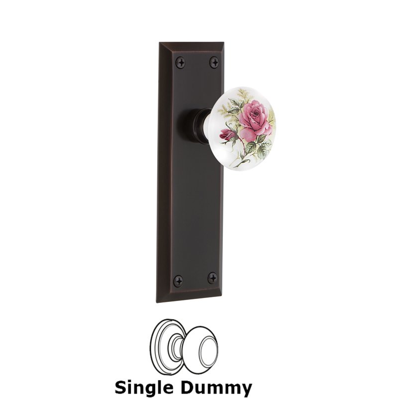 Single Dummy - New York Plate with White Rose Porcelain Door Knob in Timeless Bronze