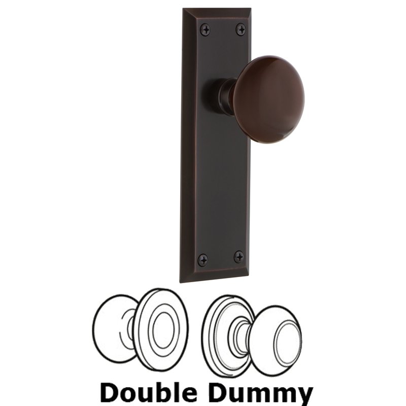 Double Dummy Set - New York Plate with Brown Porcelain Door Knob in Timeless Bronze