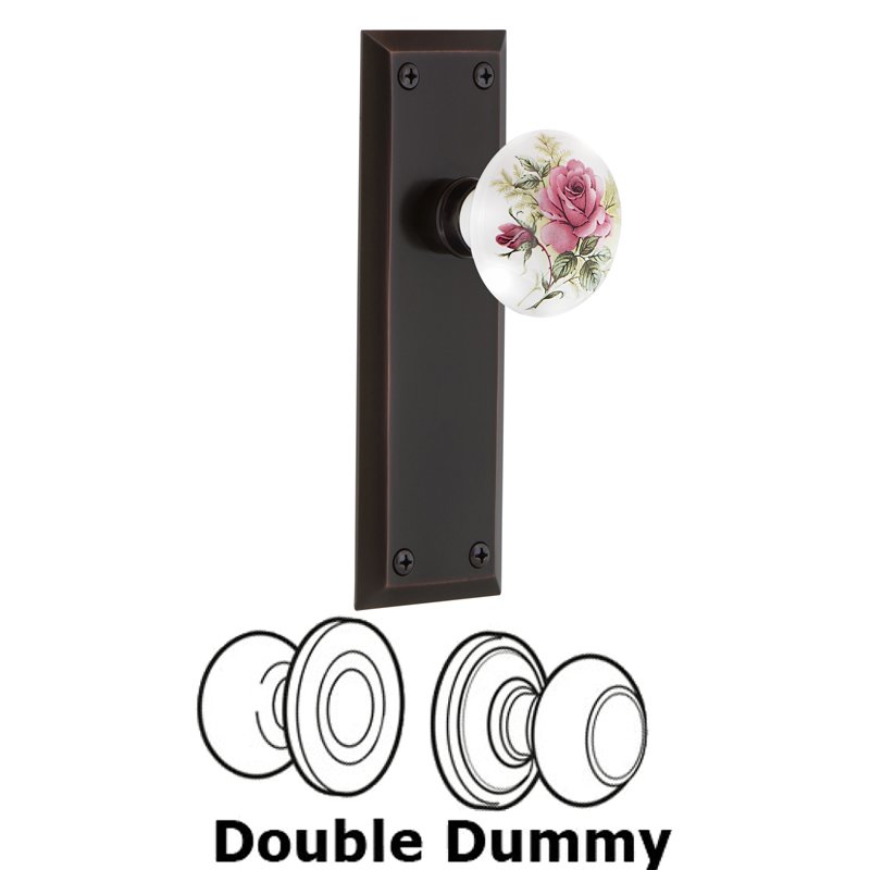 Double Dummy Set - New York Plate with White Rose Porcelain Door Knob in Timeless Bronze