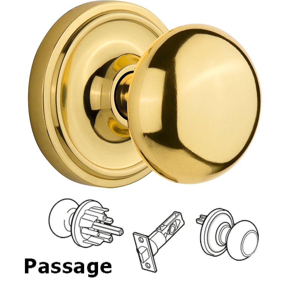Passage Knob - Classic Rose with New York Door Knob in Polished Brass