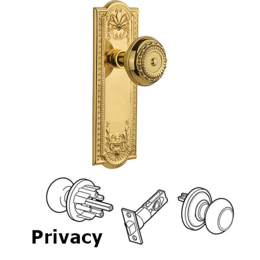 Privacy Knob - Meadows Plate with Meadows Door Knob in Polished Brass