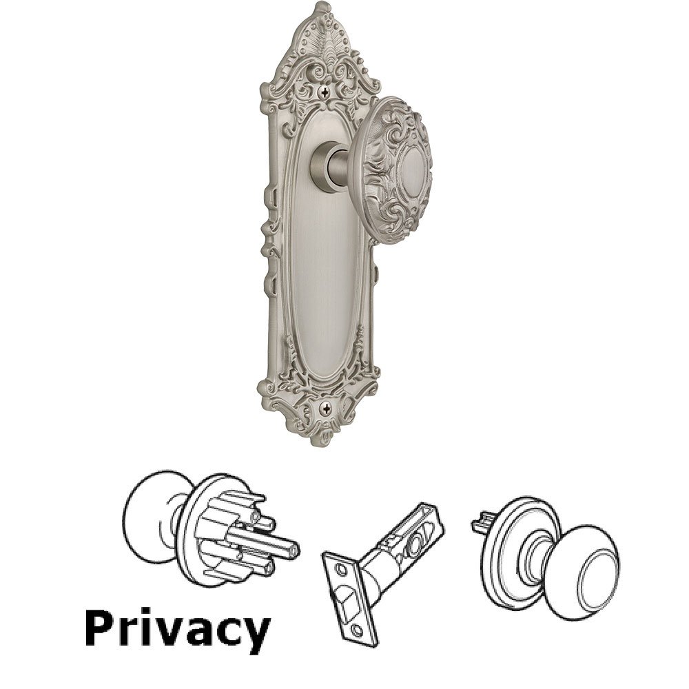 Privacy Knob - Victorian Plate with Victorian Door Knob in Satin Nickel