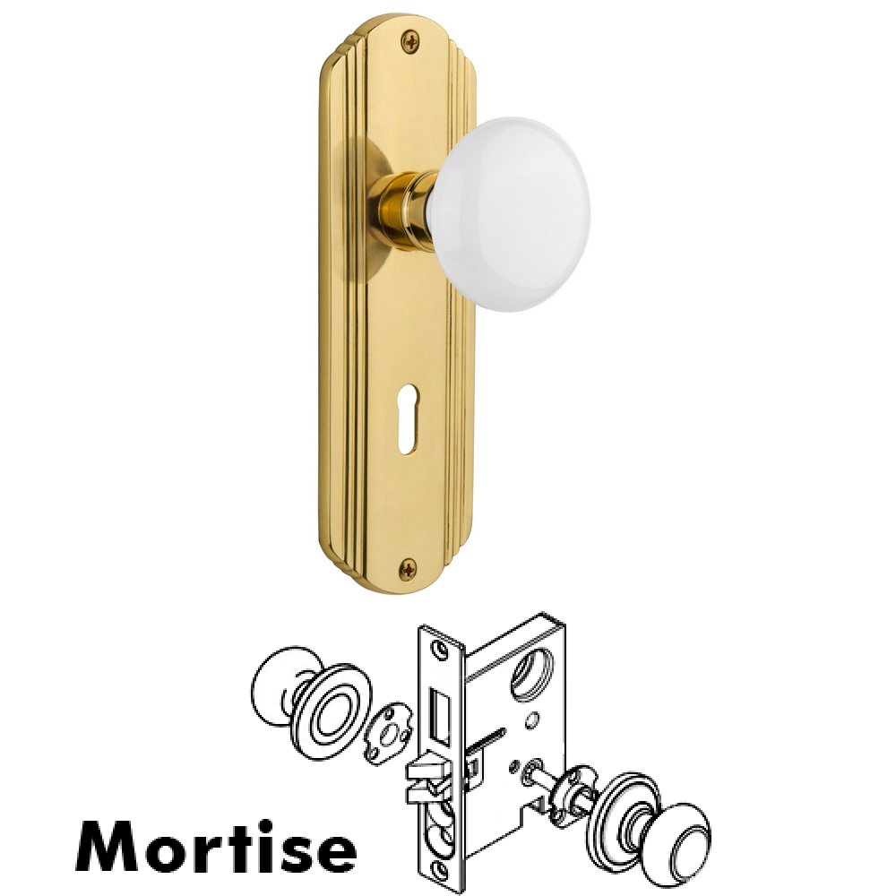 Complete Mortise Lockset - Deco Plate with White Porcelain Knob in Polished Brass
