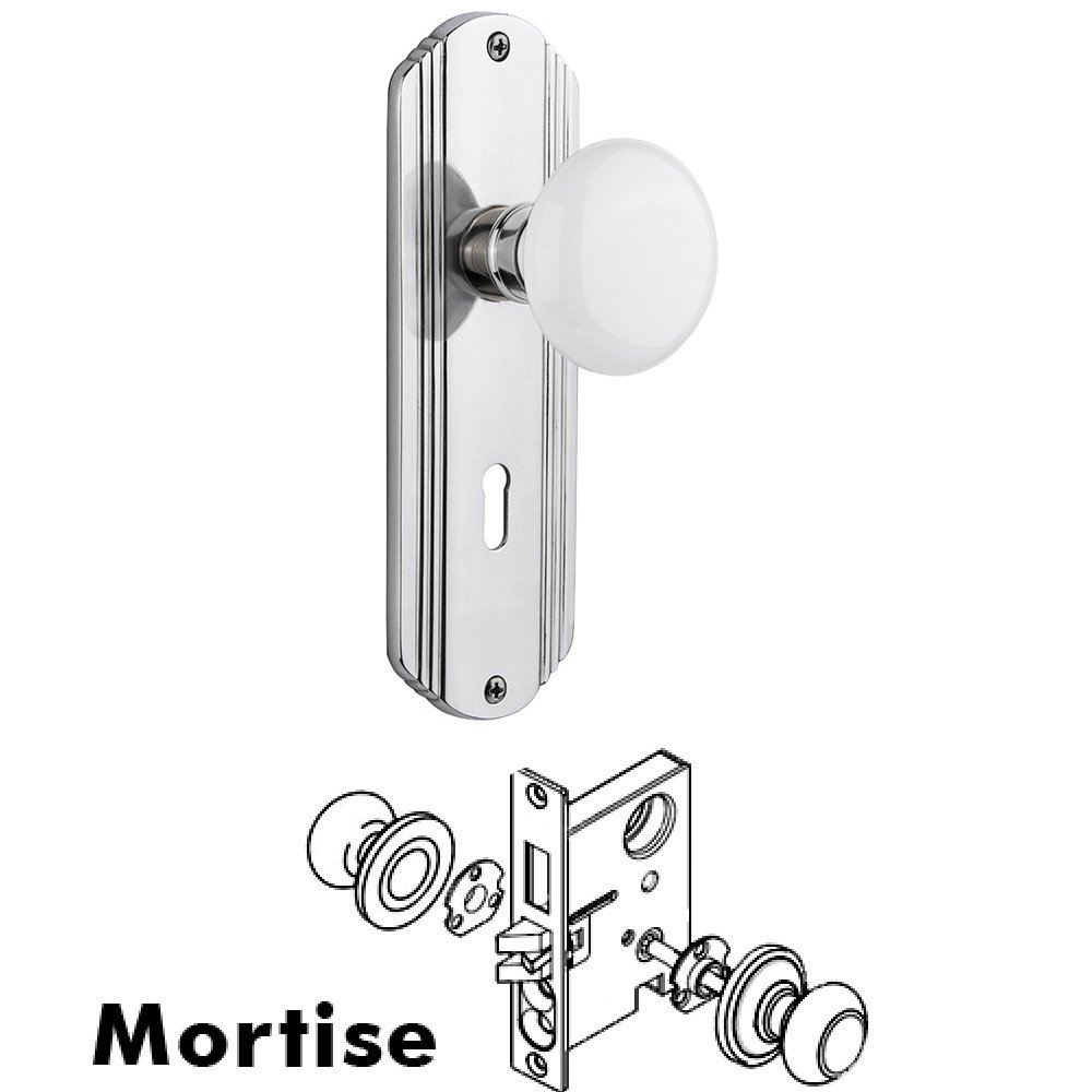 Complete Mortise Lockset - Deco Plate with White Porcelain Knob in Bright Chrome