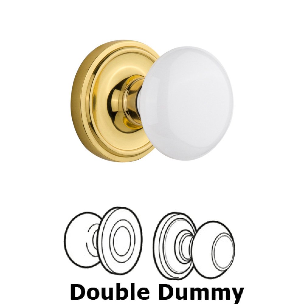 Double Dummy Classic Rosette with White Porcelain Knob in Polished Brass
