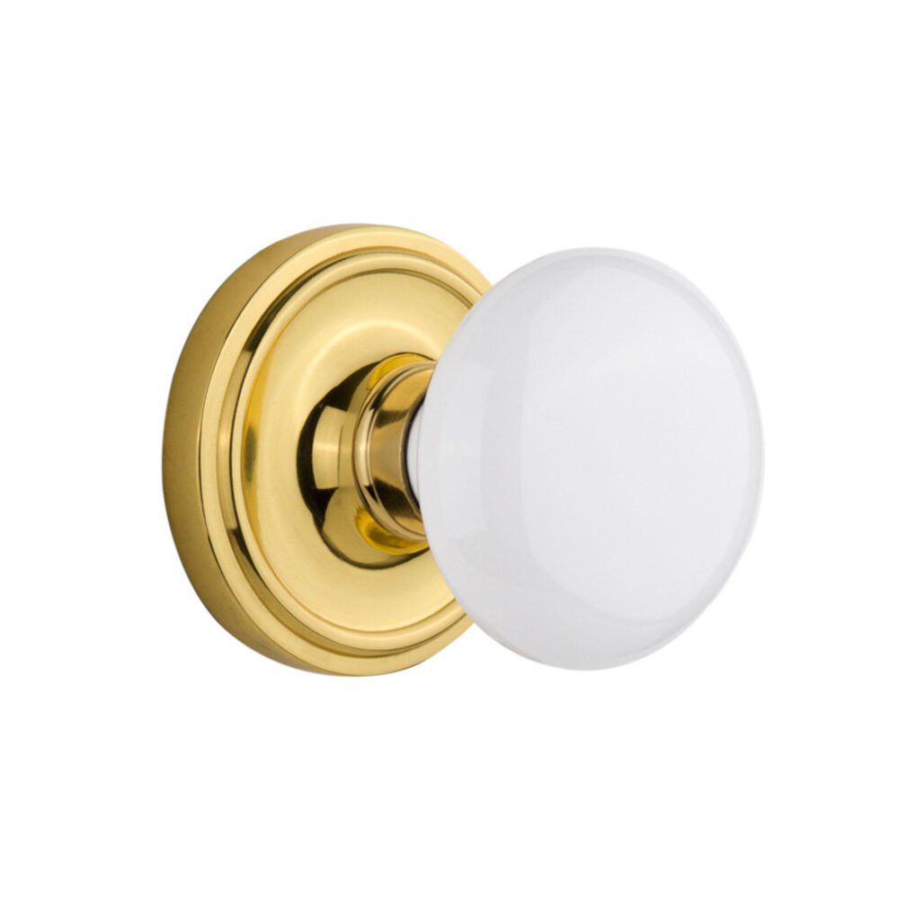 Complete Passage Set Without Keyhole - Classic Rosette with White Porcelain Knob in Polished Brass
