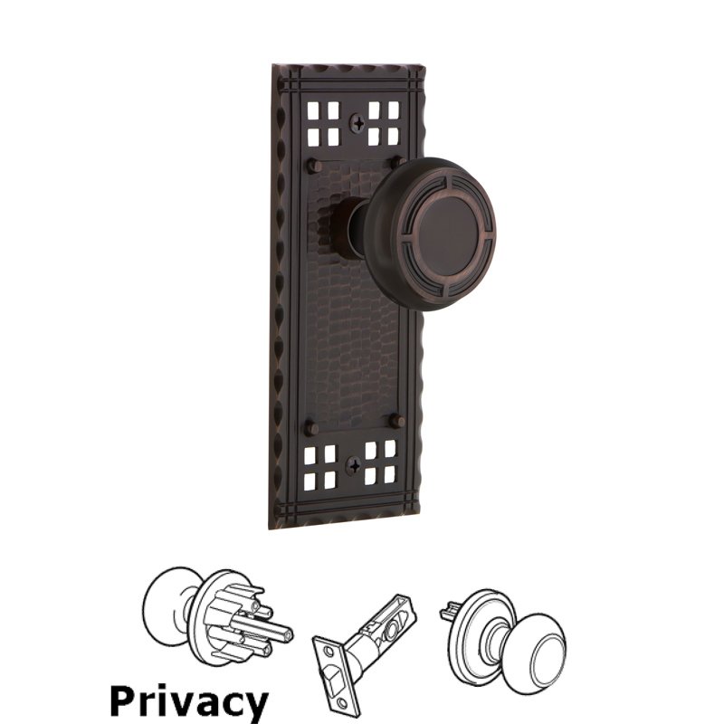 Privacy Craftsman Plate with Mission Door Knob in Timeless Bronze