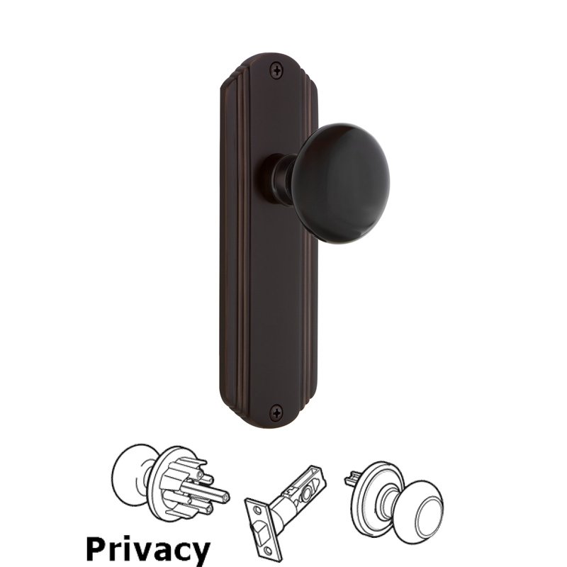 Complete Privacy Set - Deco Plate with Black Porcelain Door Knob in Timeless Bronze