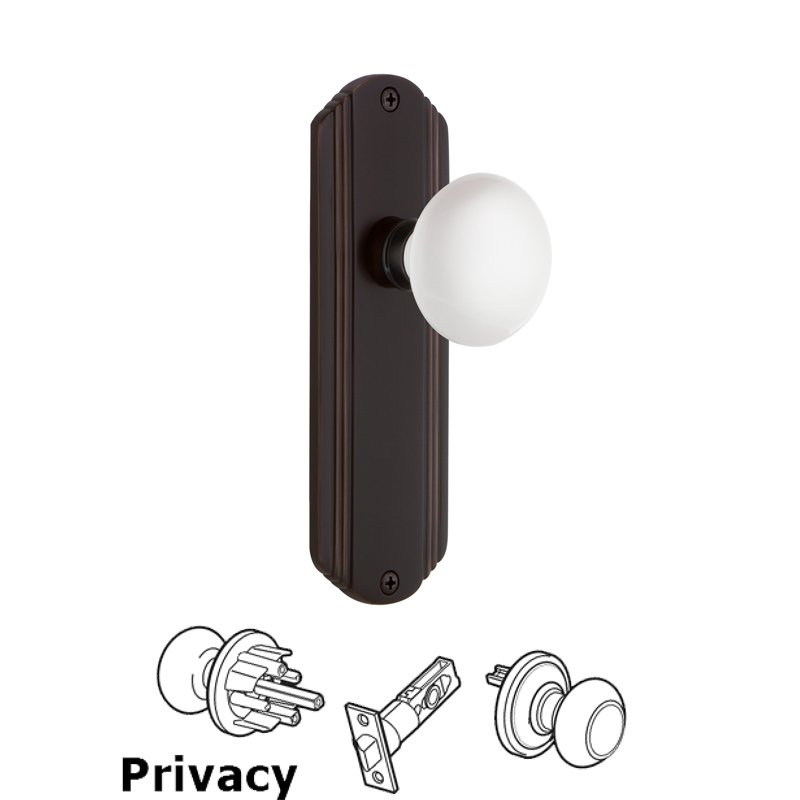 Complete Privacy Set - Deco Plate with White Porcelain Door Knob in Timeless Bronze