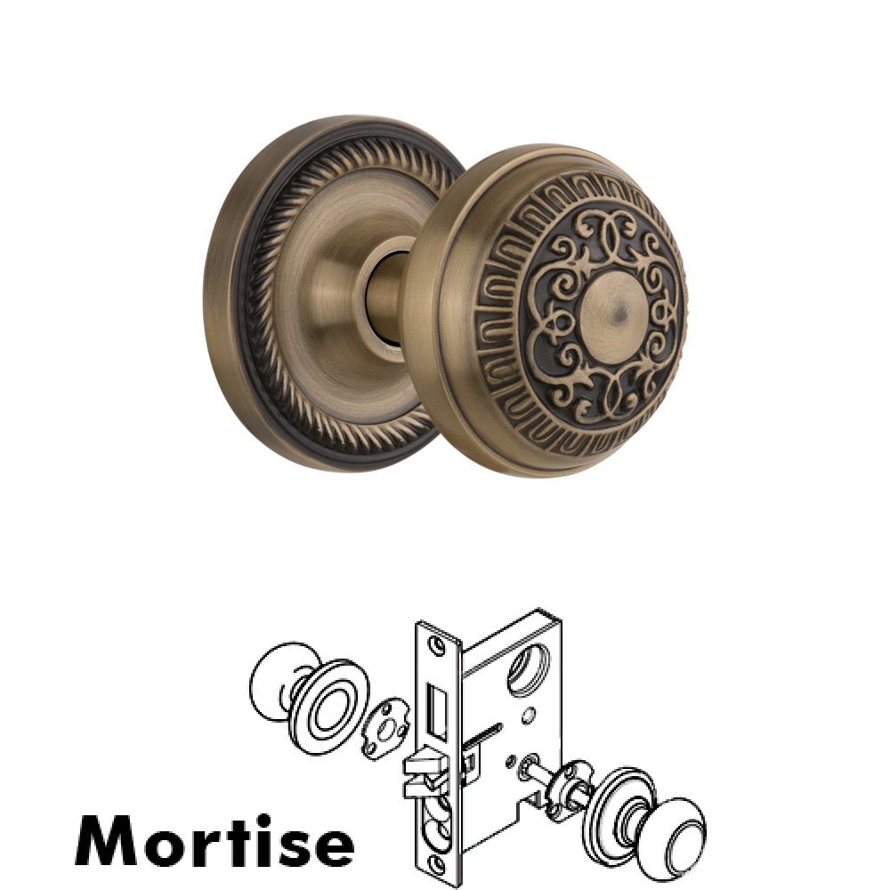 Complete Mortise Lockset - Rope Rosette with Egg & Dart Knob in Antique Brass