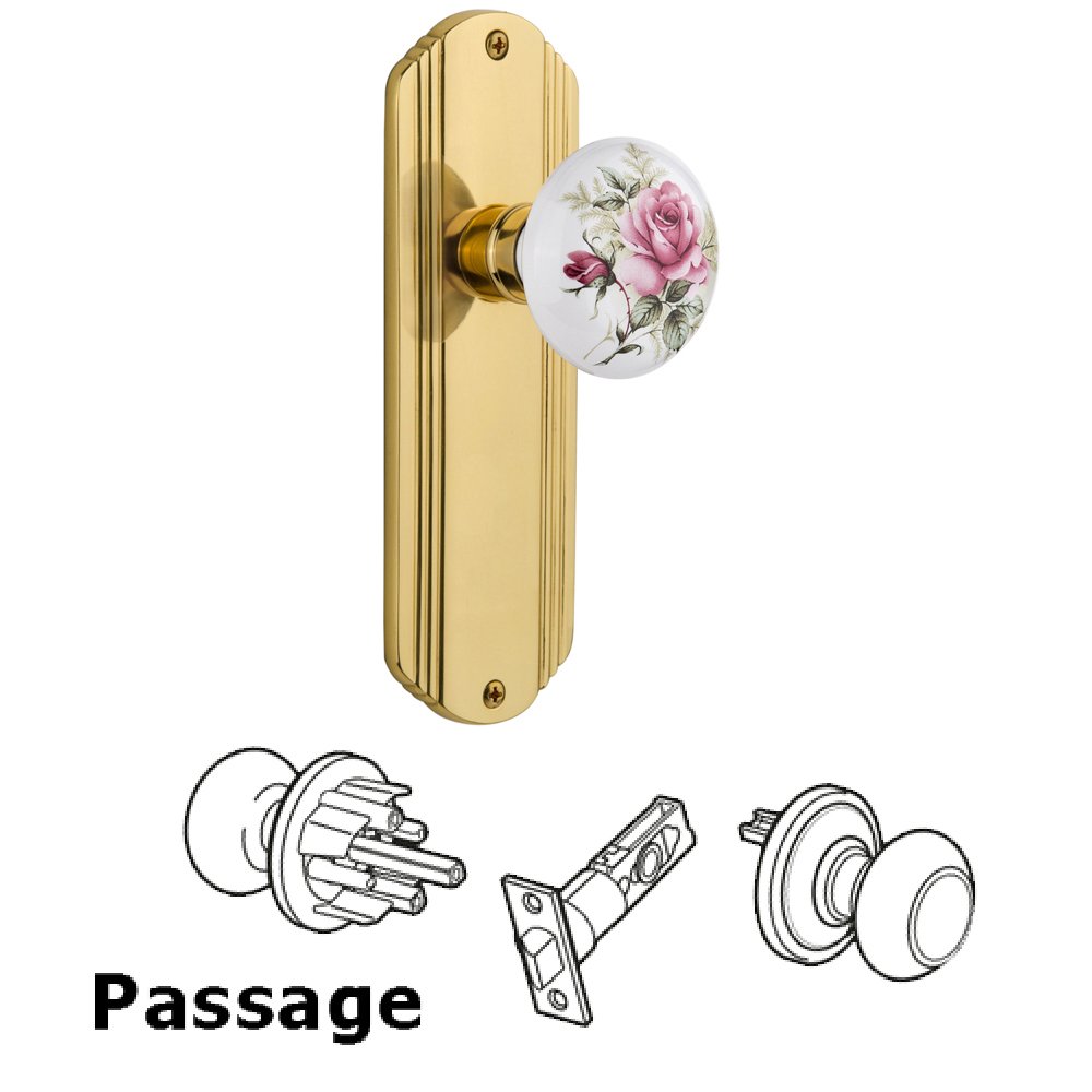 Passage Deco Plate with White Rose Porcelain Door Knob in Unlacquered Brass