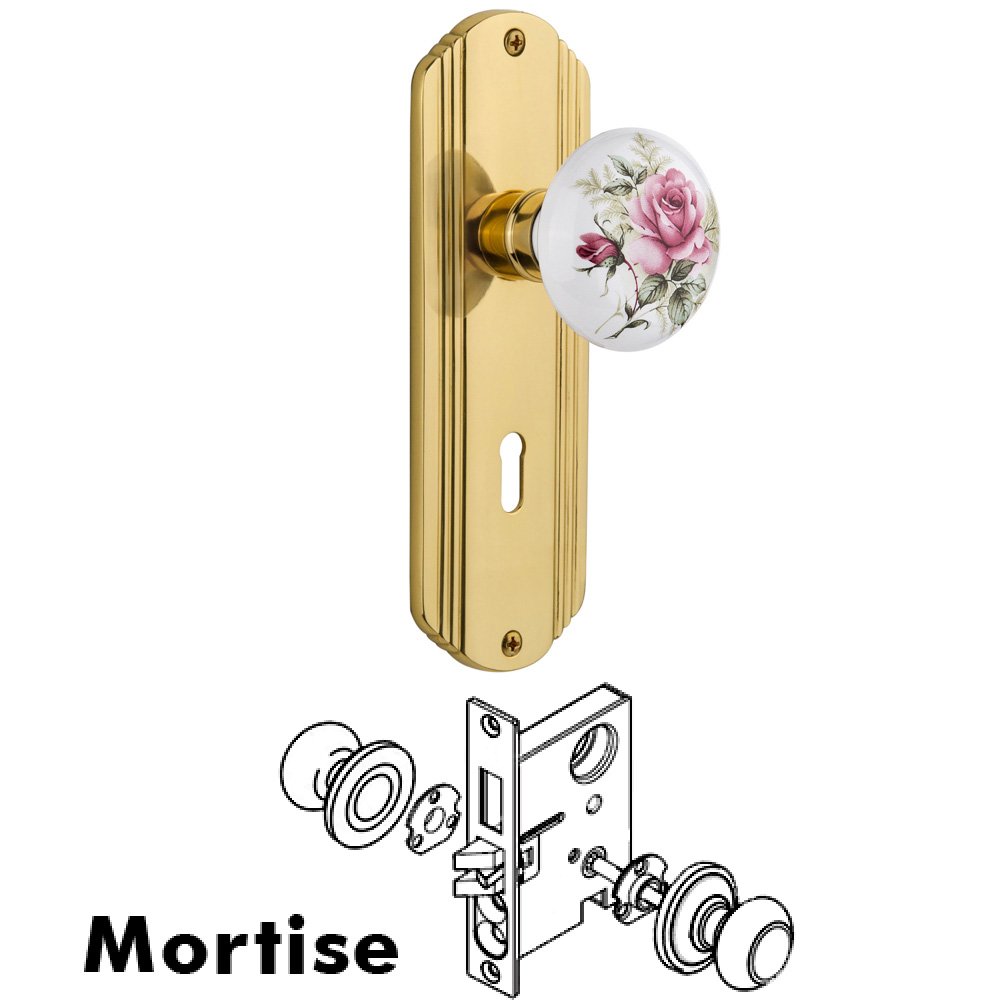 Complete Mortise Lockset - Deco Plate with Rose Porcelain Knob in Unlacquered Brass
