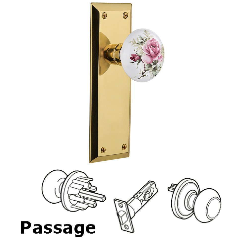 Complete Passage Set Without Keyhole - New York Plate with Rose Porcelain Knob in Unlacquered Brass