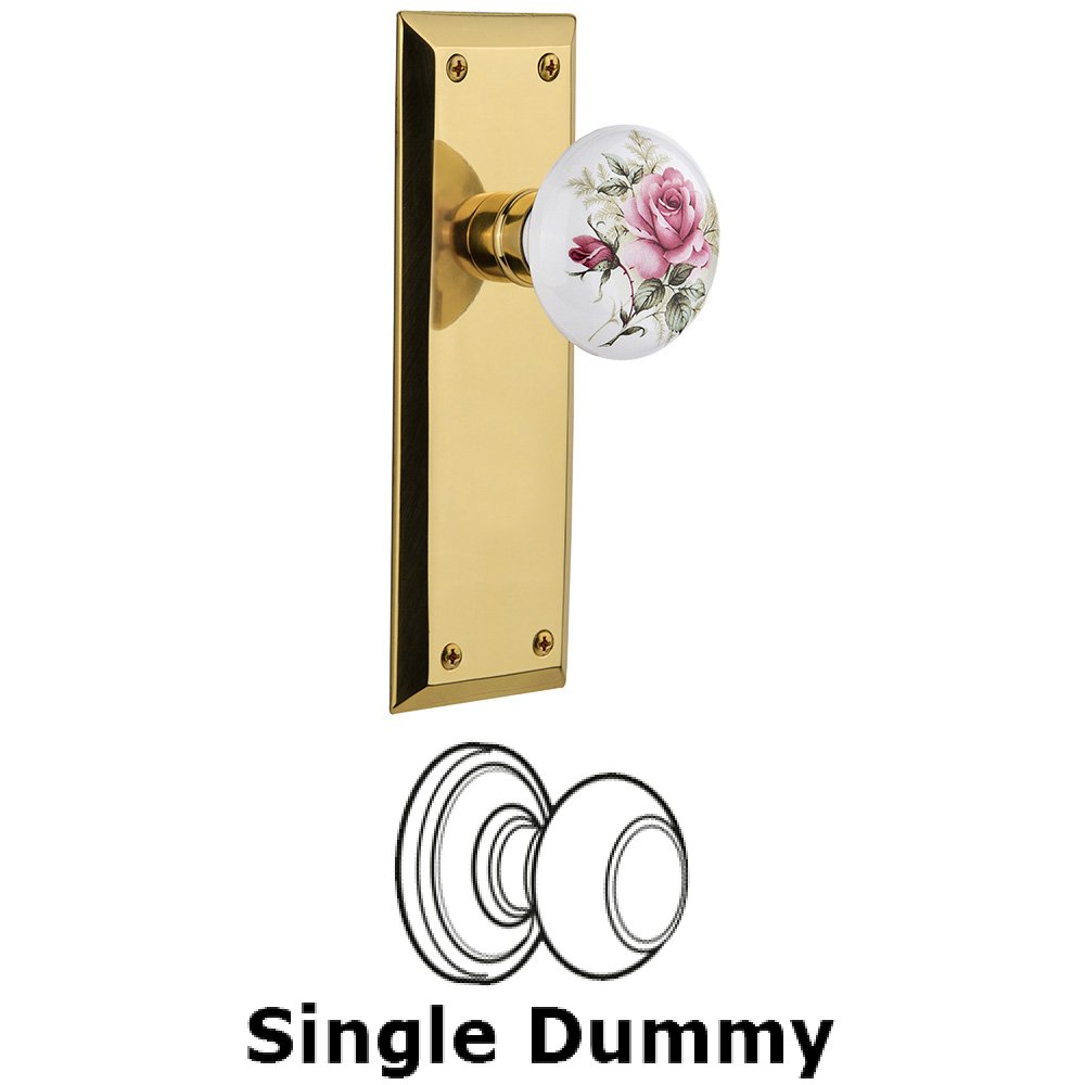 Single Dummy Knob Without Keyhole - New York Plate with Rose Porcelain Knob in Unlacquered Brass