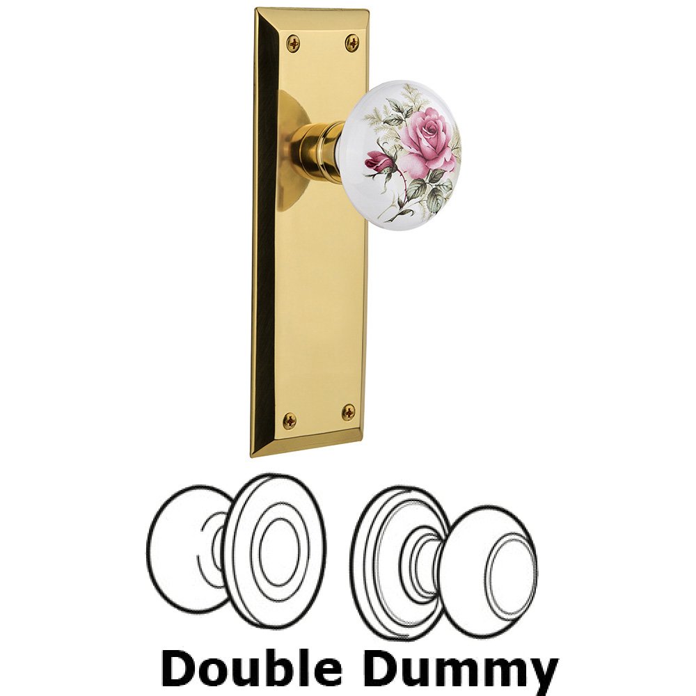 Double Dummy Set Without Keyhole - New York Plate with Rose Porcelain Knob in Unlacquered Brass