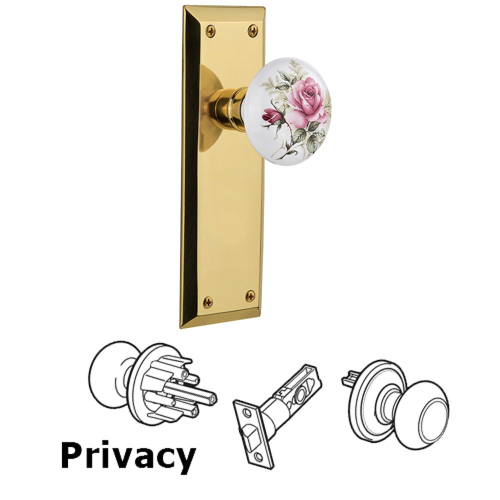 Complete Privacy Set Without Keyhole - New York Plate with Rose Porcelain Knob in Unlacquered Brass
