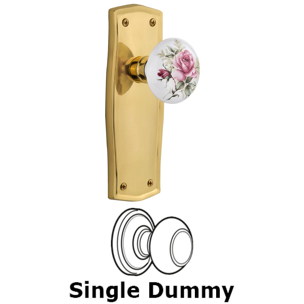Single Dummy Knob Without Keyhole - Prairie Plate with Rose Porcelain Knob in Unlacquered Brass