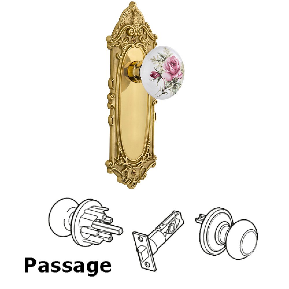 Complete Passage Set Without Keyhole - Victorian Plate with Rose Porcelain Knob in Unlacquered Brass