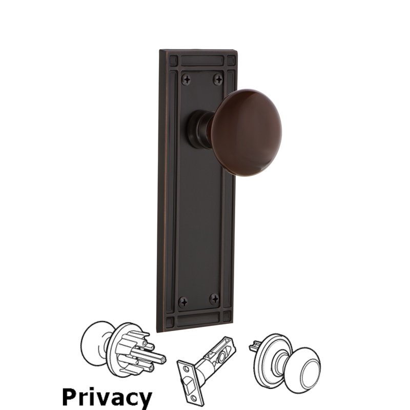 Complete Privacy Set - Mission Plate with Brown Porcelain Door Knob in Timeless Bronze