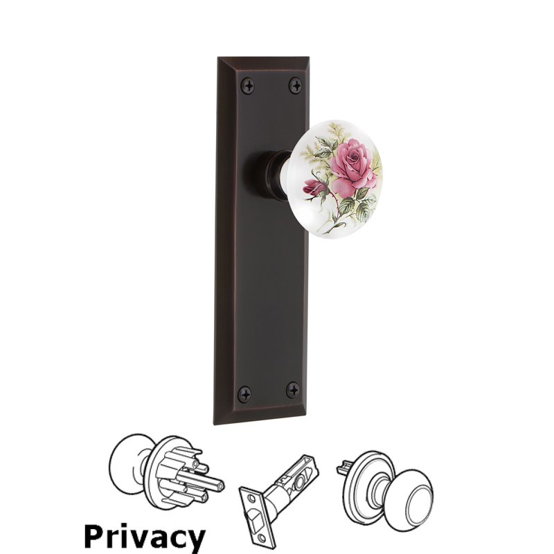 Complete Privacy Set - New York Plate with White Rose Porcelain Door Knob in Timeless Bronze