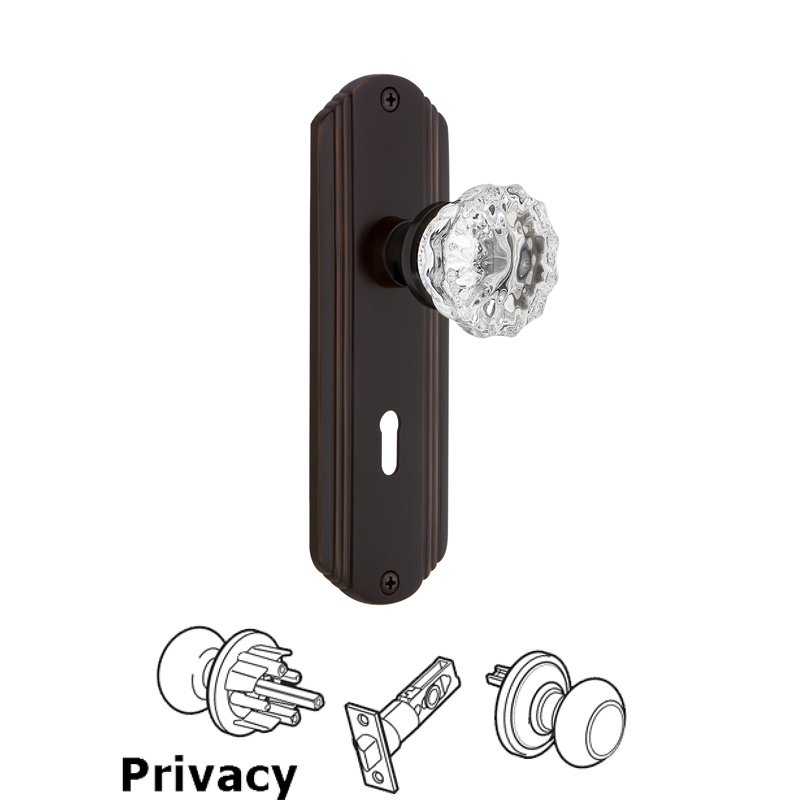 Privacy Deco Plate with Keyhole and Crystal Glass Door Knob in Timeless Bronze