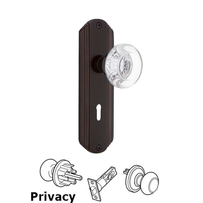 Complete Privacy Set with Keyhole - Deco Plate with Round Clear Crystal Glass Door Knob in Timeless Bronze