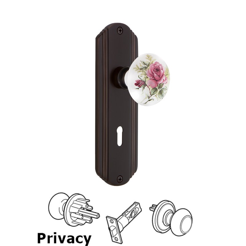 Complete Privacy Set with Keyhole - Deco Plate with White Rose Porcelain Door Knob in Timeless Bronze