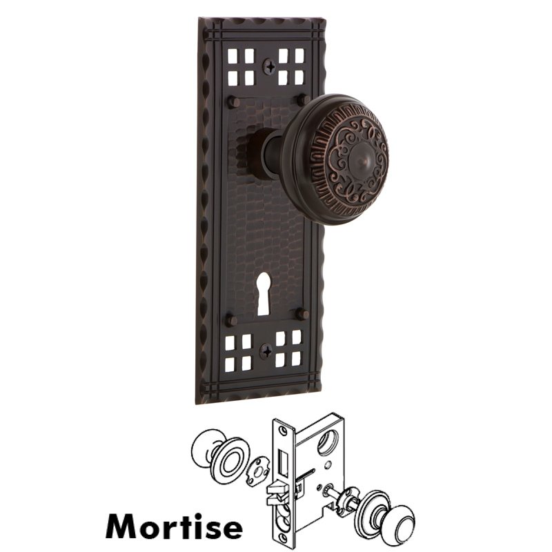 Complete Mortise Lockset with Keyhole - Craftsman Plate with Egg & Dart Door Knob in Timeless Bronze