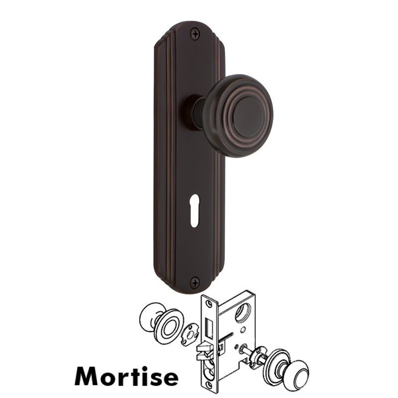 Complete Mortise Lockset with Keyhole - Deco Plate with Deco Door Knob in Timeless Bronze