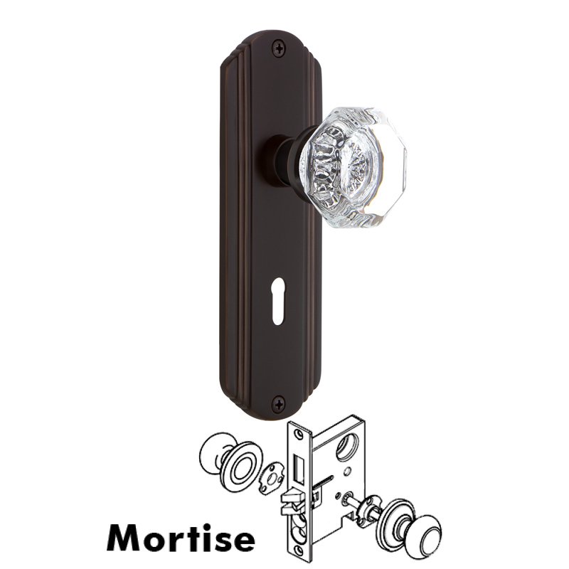 Complete Mortise Lockset with Keyhole - Deco Plate with Waldorf Door Knob in Timeless Bronze
