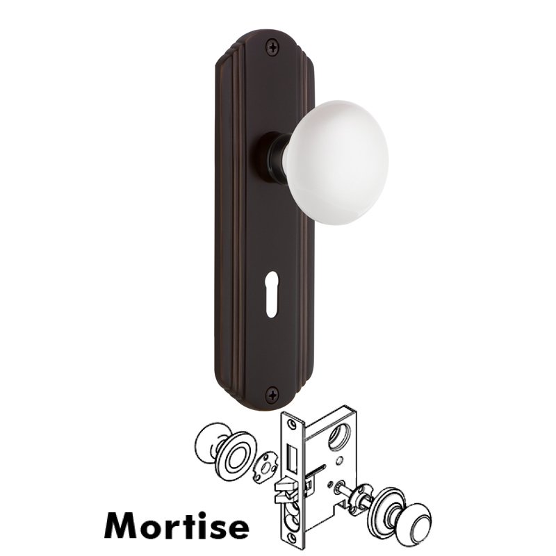 Complete Mortise Lockset with Keyhole - Deco Plate with White Porcelain Door Knob in Timeless Bronze
