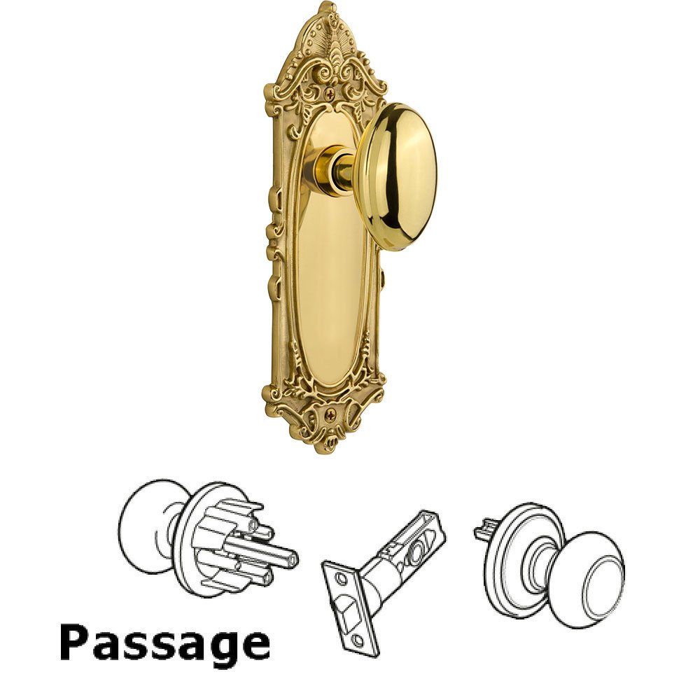 Passage Victorian Plate with Homestead Door Knob in Polished Brass