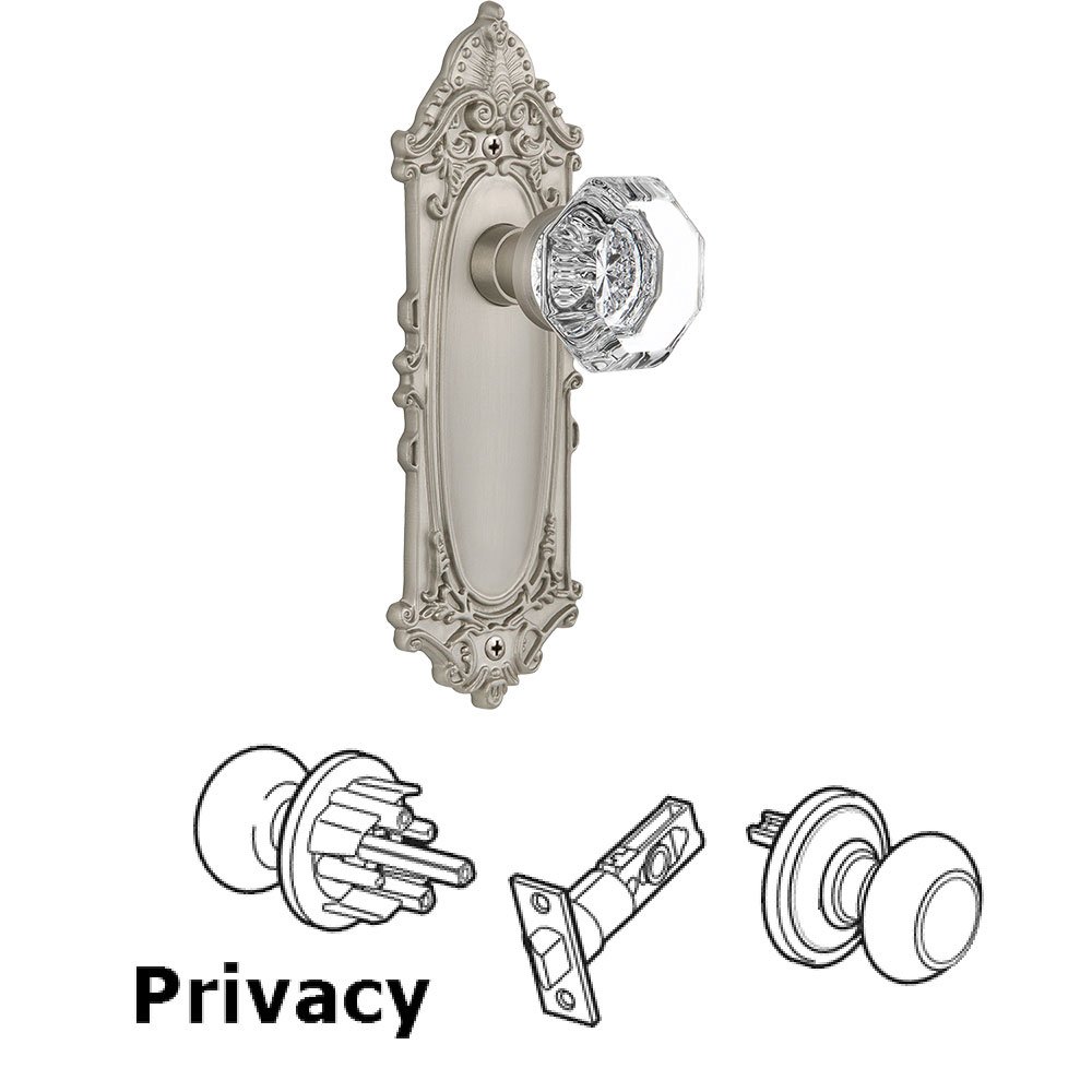 Privacy Knob - Victorian Plate with Waldorf Crystal Door Knob in Satin Nickel