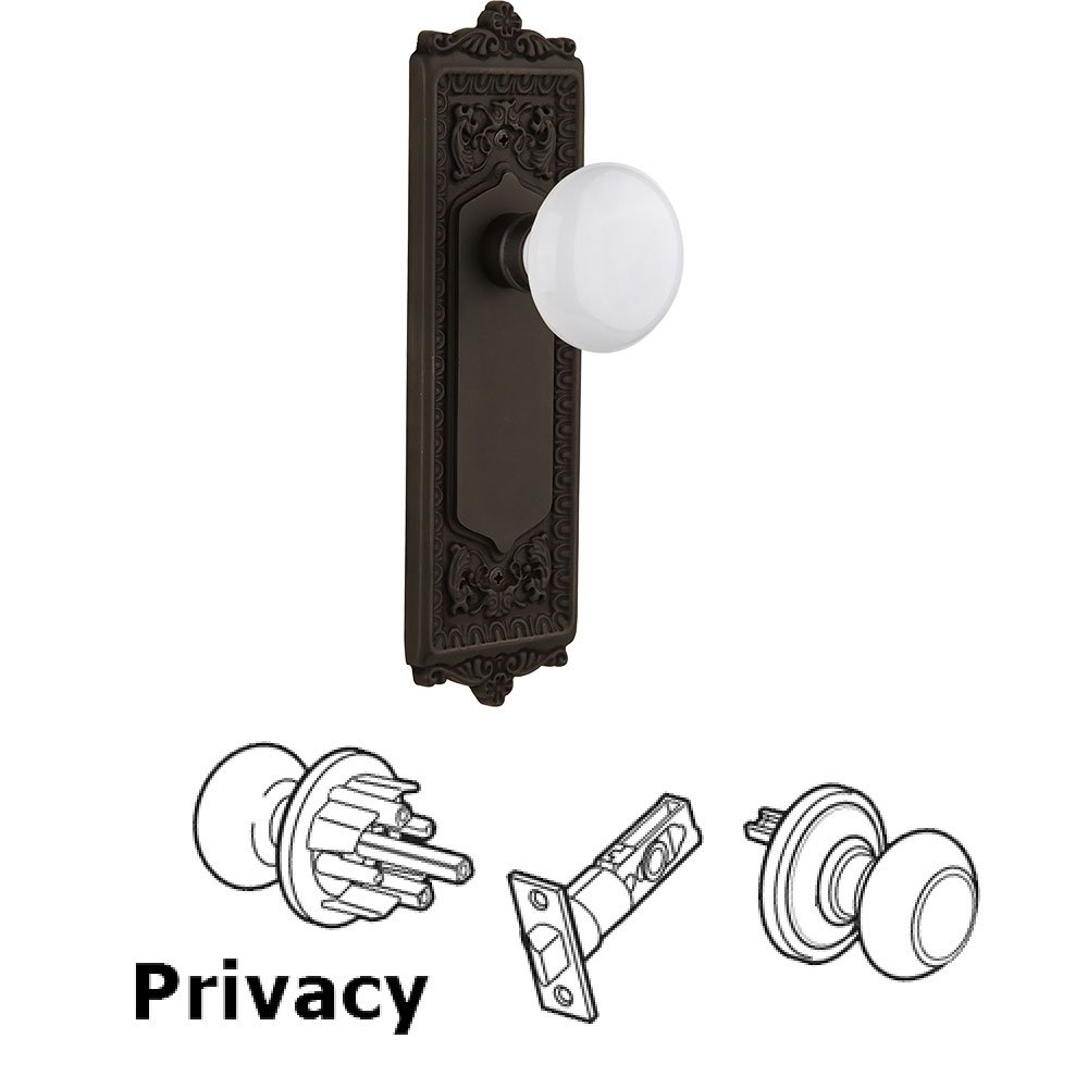 Privacy Knob - Egg & Dart Plate with White Porcelain Door Knob in Oil-rubbed Bronze