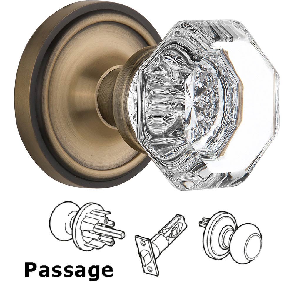 Passage Knob - Classic Rosette with Waldorf Crystal Door Knob in Antique Brass