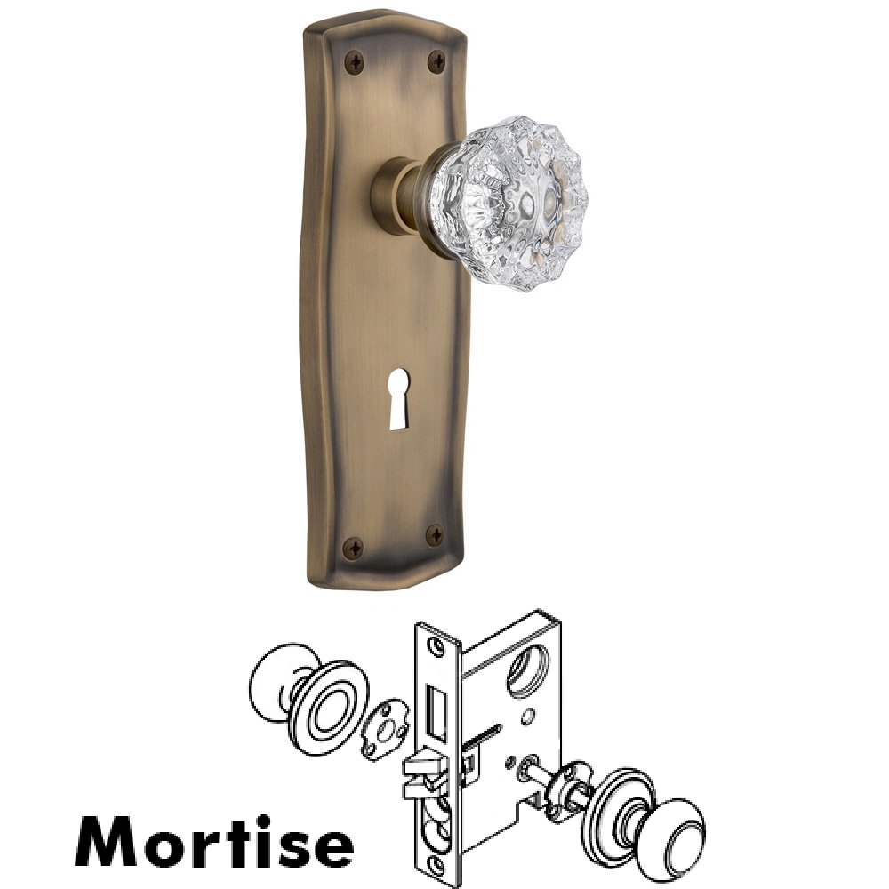Complete Mortise Lockset - Prairie Plate with Crystal Knob in Antique Brass