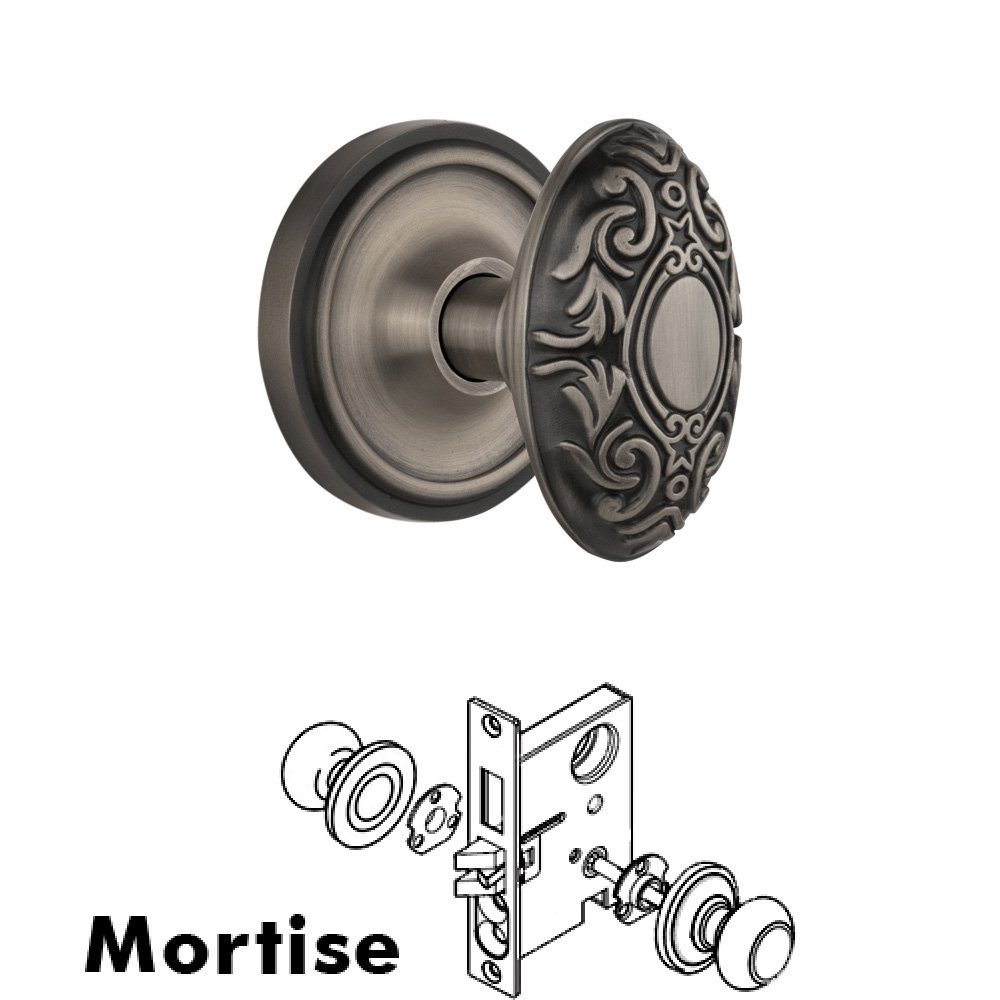 Complete Mortise Lockset - Classic Rosette with Victorian Knob in Antique Pewter