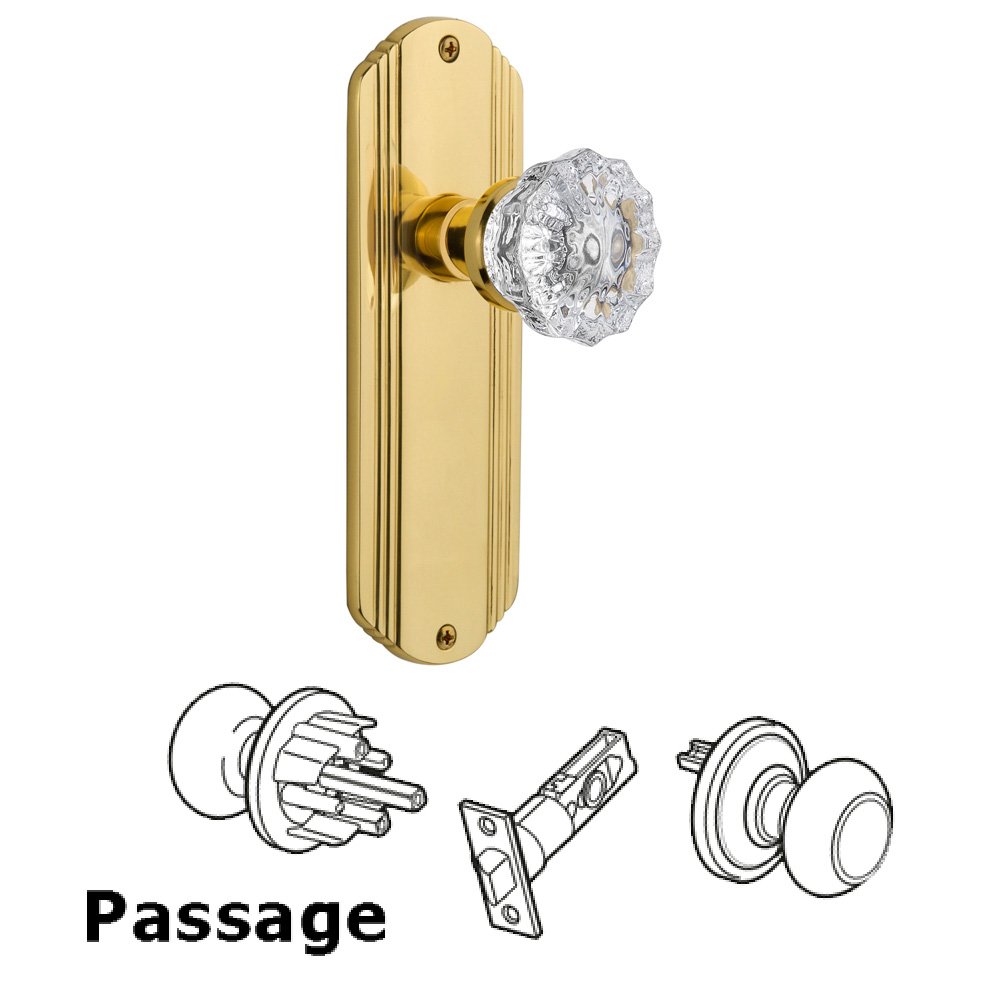 Complete Passage Set Without Keyhole - Deco Plate with Crystal Knob in Polished Brass