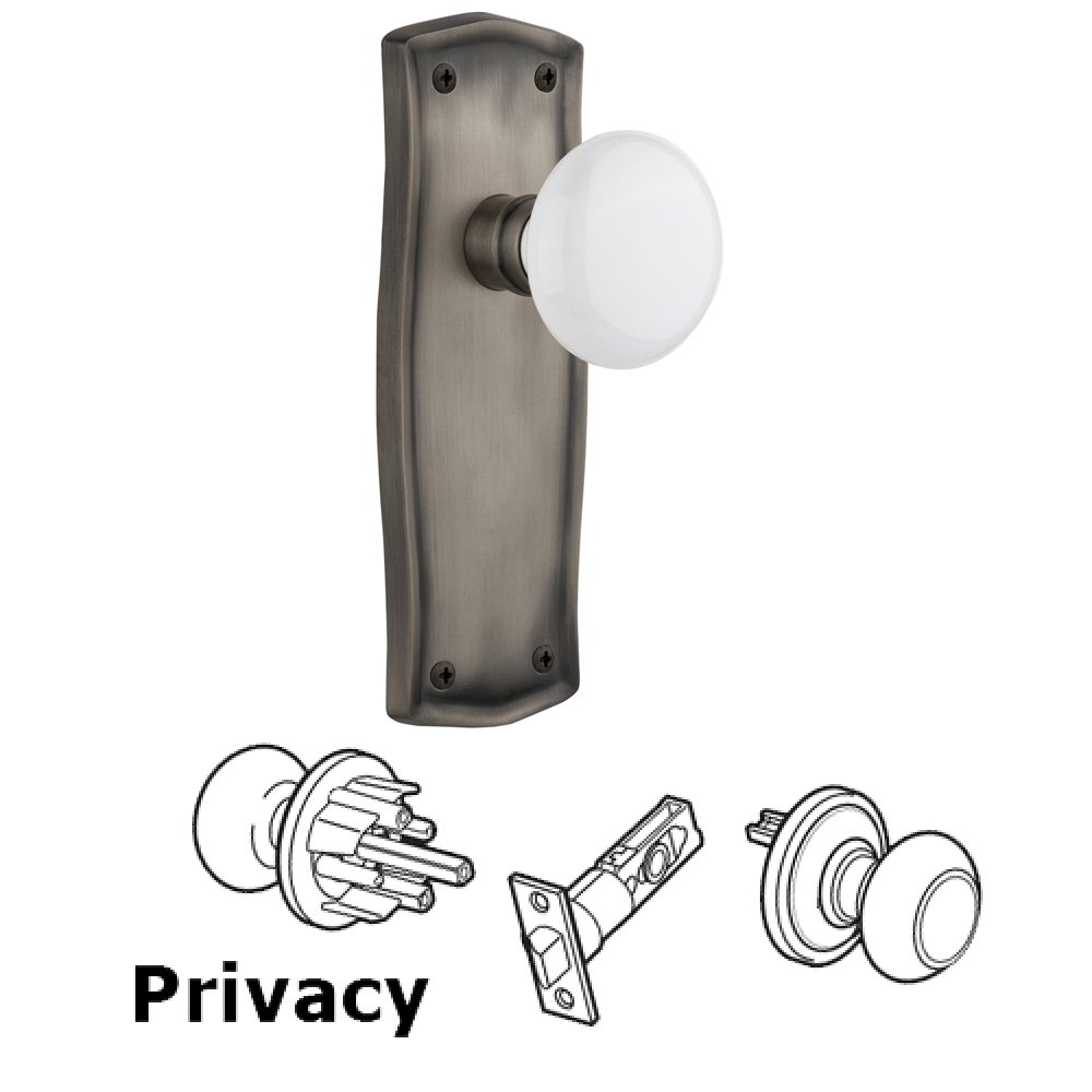 Complete Privacy Set Without Keyhole - Prairie Plate with White Porcelain Knob in Antique Pewter