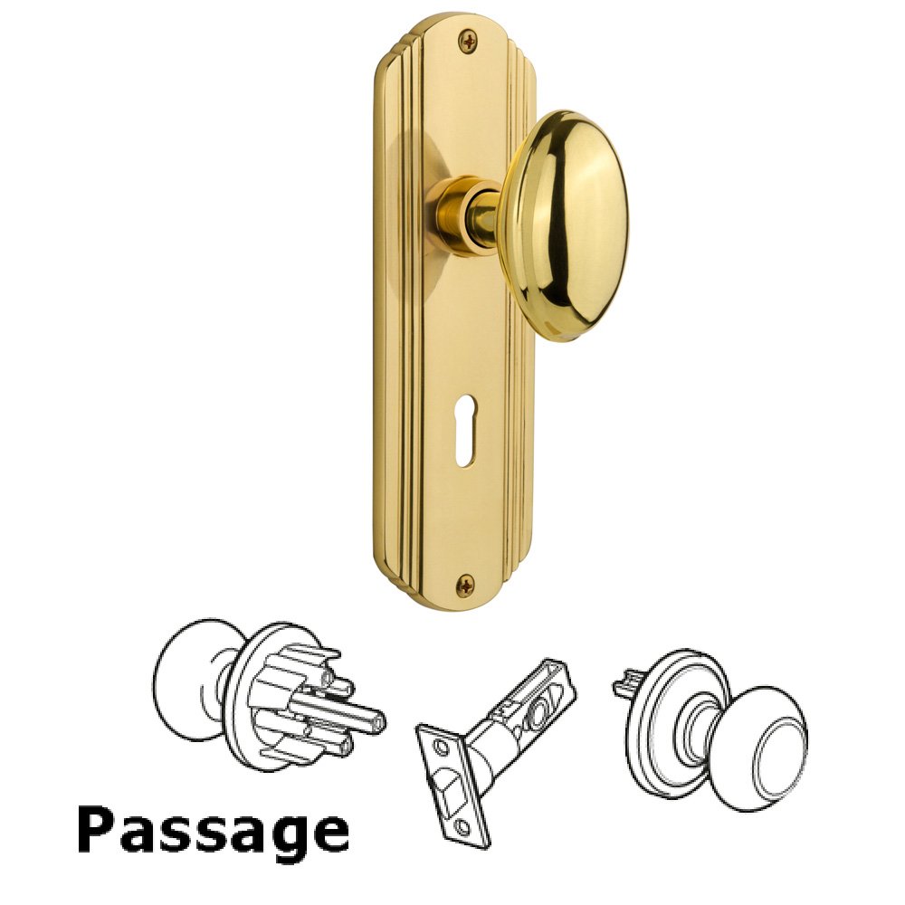 Passage Deco Plate with Keyhole and Homestead Door Knob in Unlacquered Brass