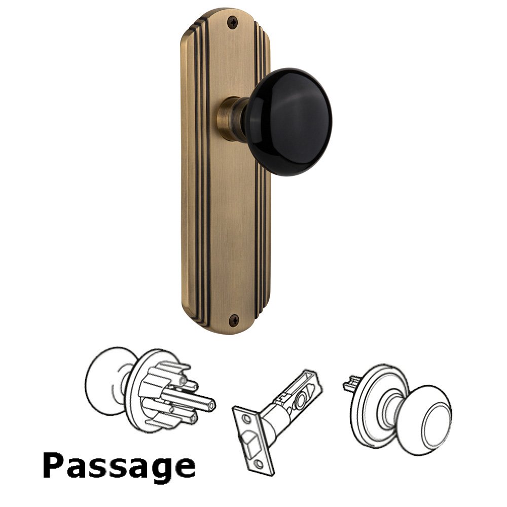 Complete Passage Set Without Keyhole - Deco Plate with Black Porcelain Knob in Antique Brass