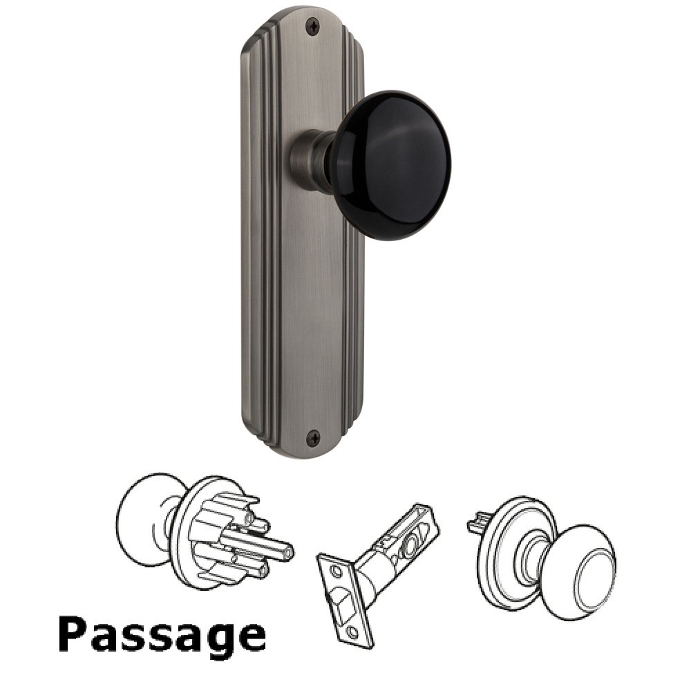 Complete Passage Set Without Keyhole - Deco Plate with Black Porcelain Knob in Antique Pewter