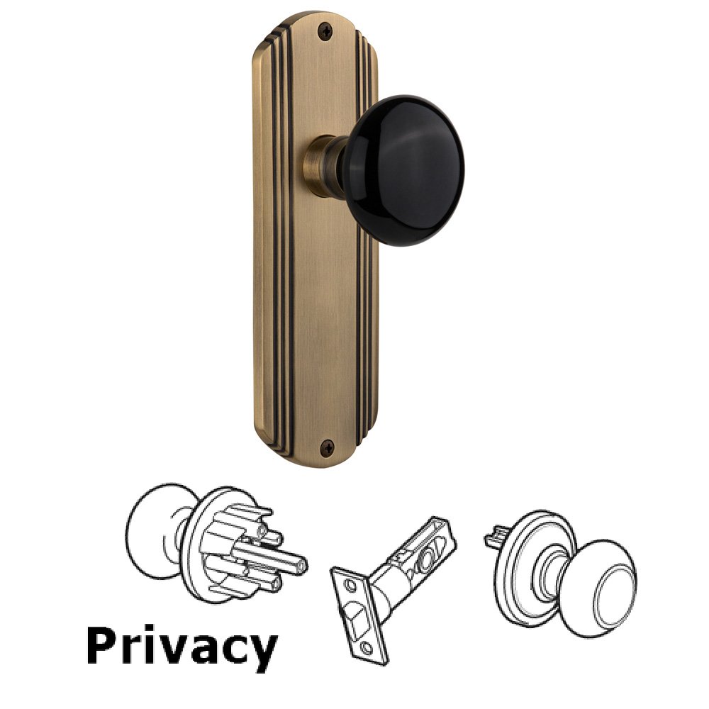 Complete Privacy Set Without Keyhole - Deco Plate with Black Porcelain Knob in Antique Brass