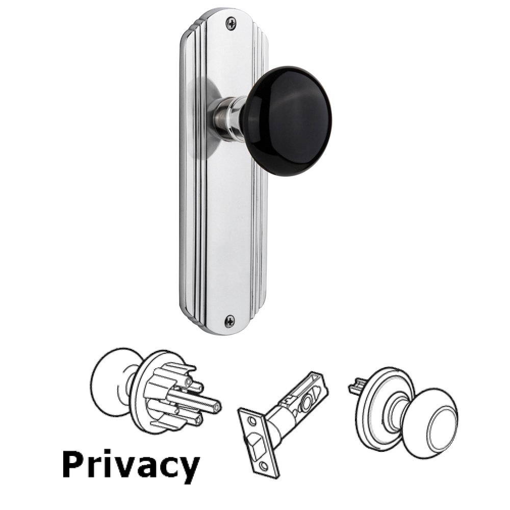 Complete Privacy Set Without Keyhole - Deco Plate with Black Porcelain Knob in Bright Chrome